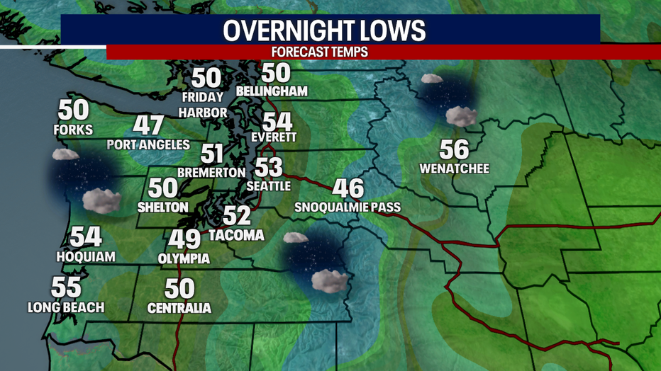 A map showing the overnight lows for Monday night in Western Washington.