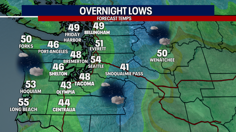 A map showing the overnight lows for Monday night in Western Washington.