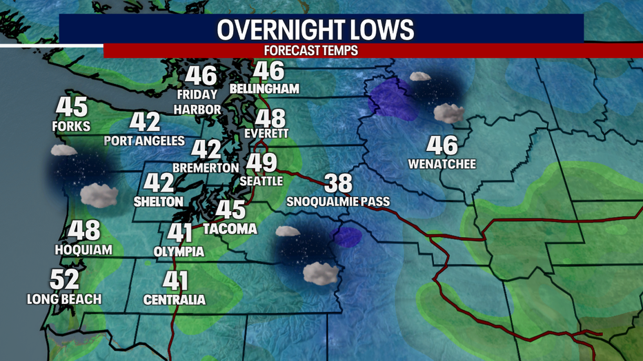 The overnight lows forecast for Western Washington Saturday morning.