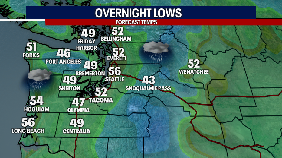 The overnight lows forecast for Thursday morning in Western Washington. 