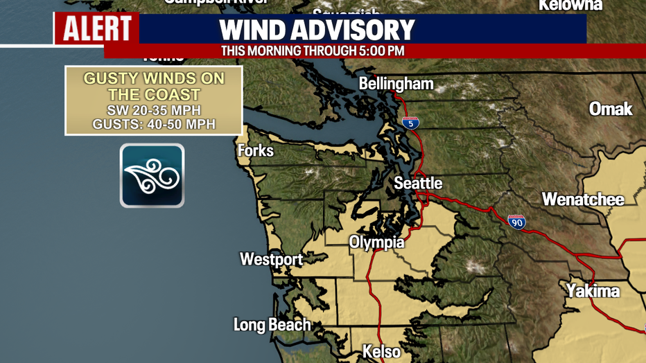 A map showing the areas of a Wind Advisory.