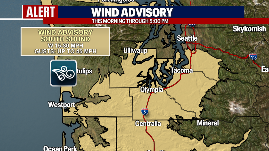 A graphic showing wind advisory locations inland.