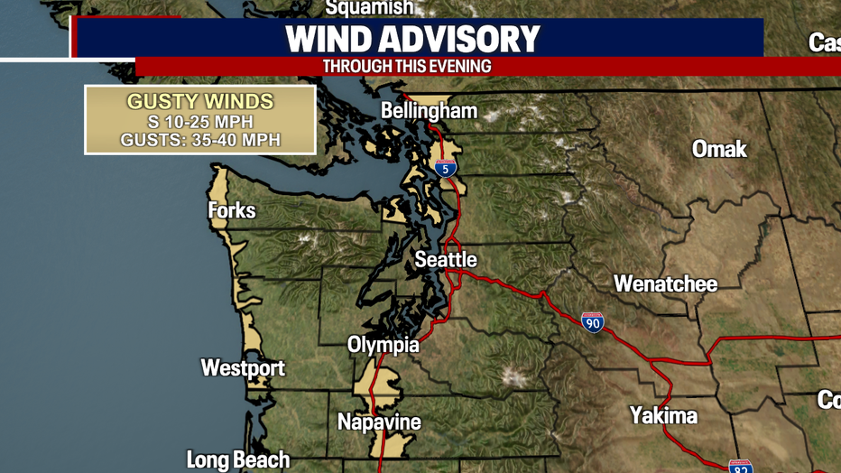 A map showing the areas where a Wind Advisory is in effect for Western Washington.