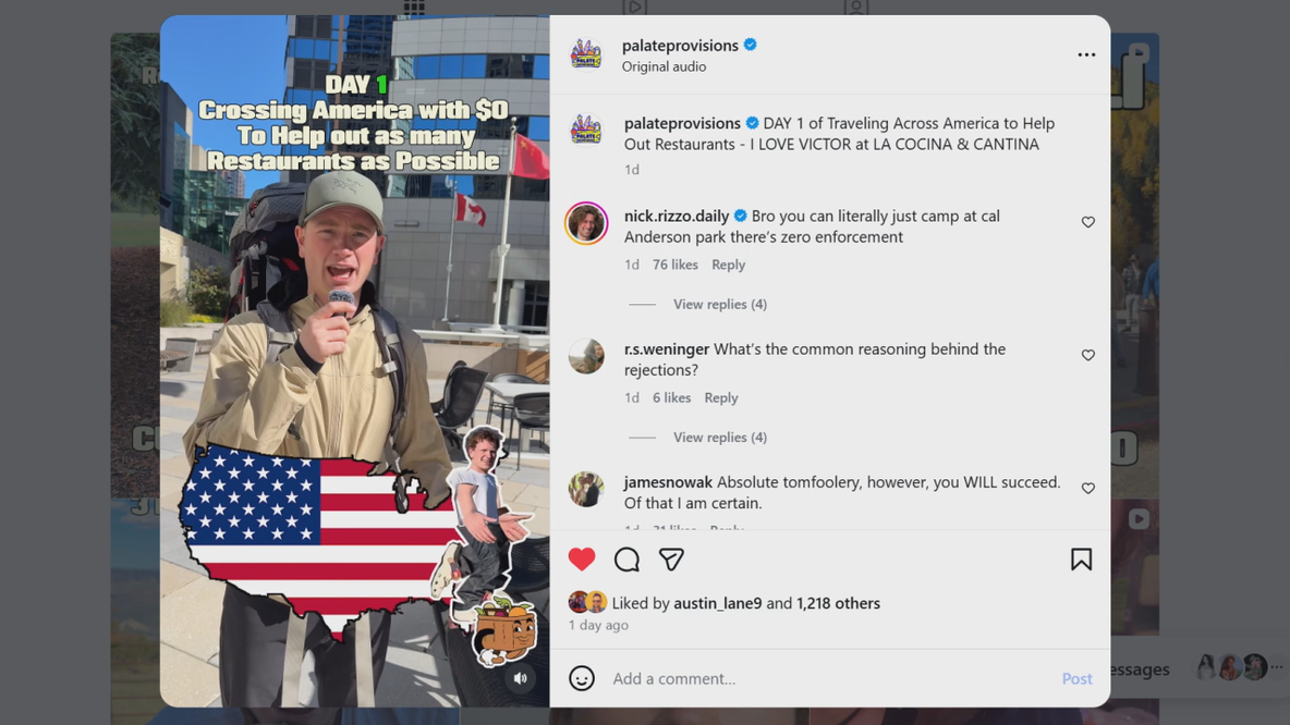 PNW social media creator travels US on $0 by earning money at restaurants