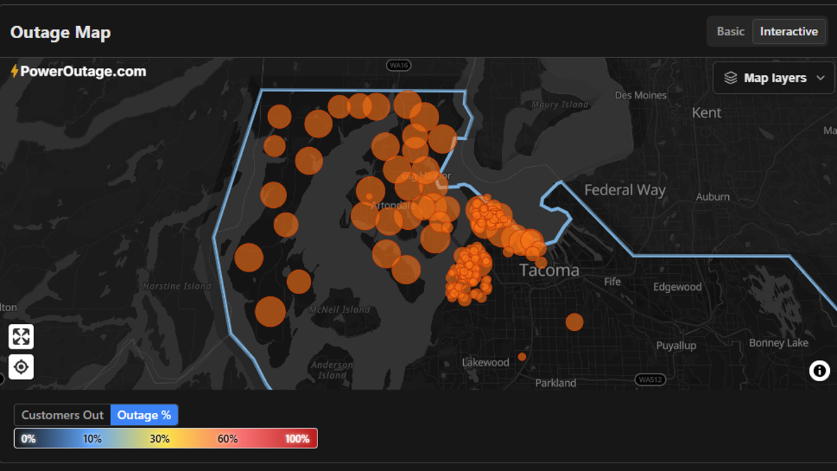 Nearly 50K without power across Pierce County, WA; no ETA for repair