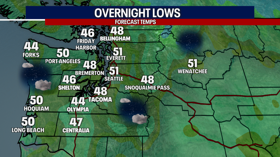 A map showing the overnight lows in Western Washington for Wednesday night.