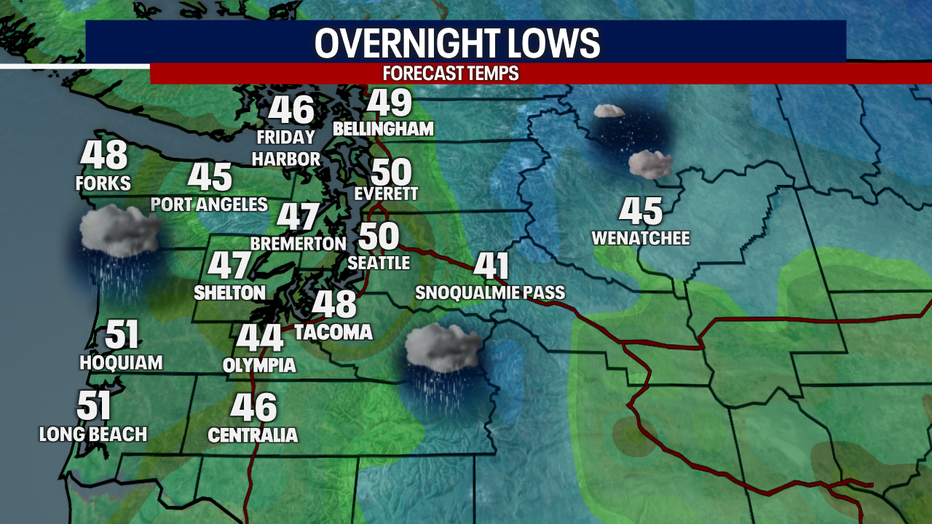 A map showing the overnight lows in Western Washington.