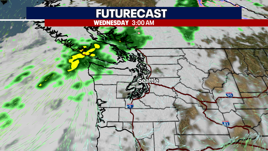 A graphic showing the cloud and rain forecast for Wednesday morning.