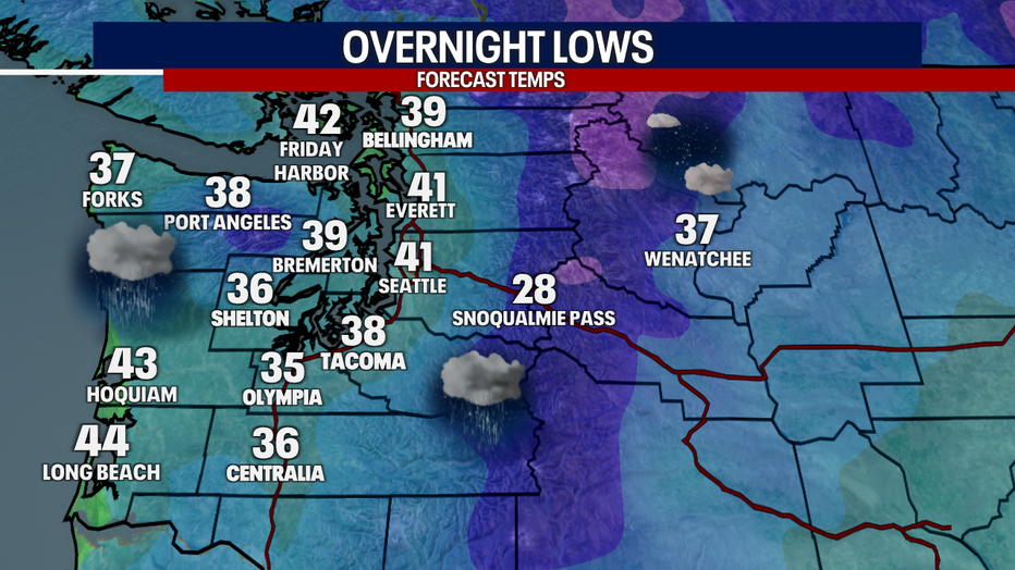 A map showing Thursday morning's low temperature forecast.