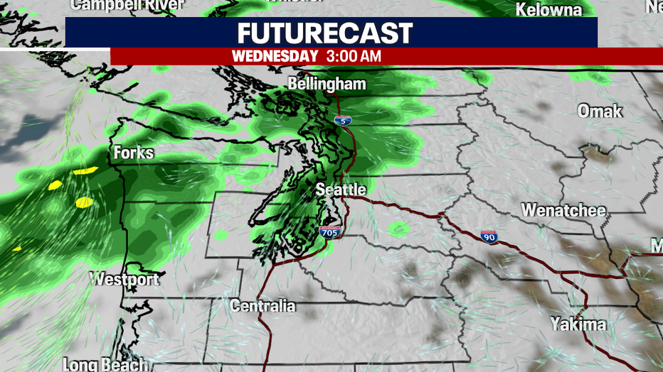 A map showing the rain and clouds futurecast in Western Washington.