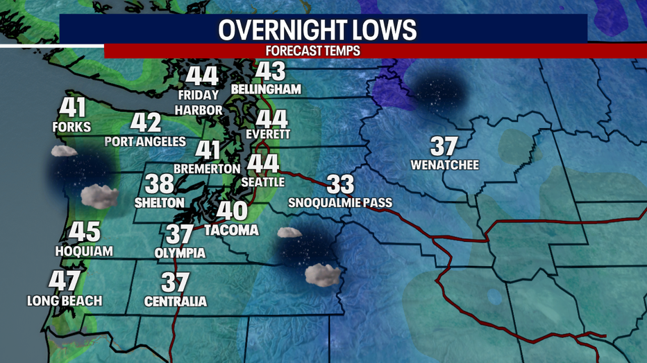 A map showing the overnight lows in Seattle Monday night.