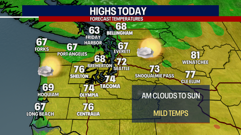 Forecast highs around Western Washington on Sunday.