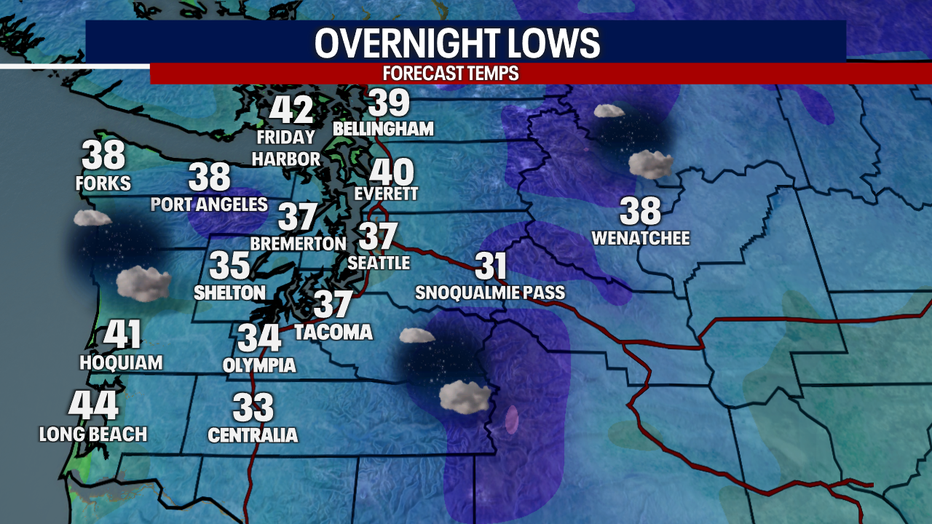 Overnight lows in Western Washington for Saturday morning.