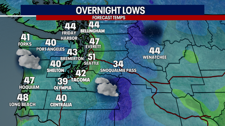 A map showing the overnight lows in Western Washington for Friday night.
