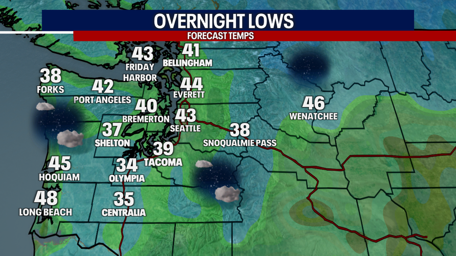 A map showing the overnight lows in Western Washington on Thursday morning.