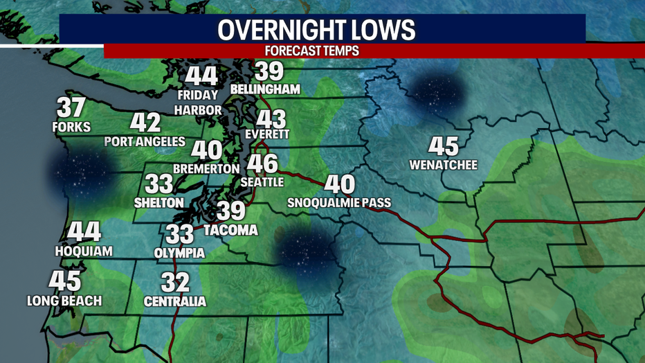 A map showing the overnight lows in Western Washington on Wednesday morning.