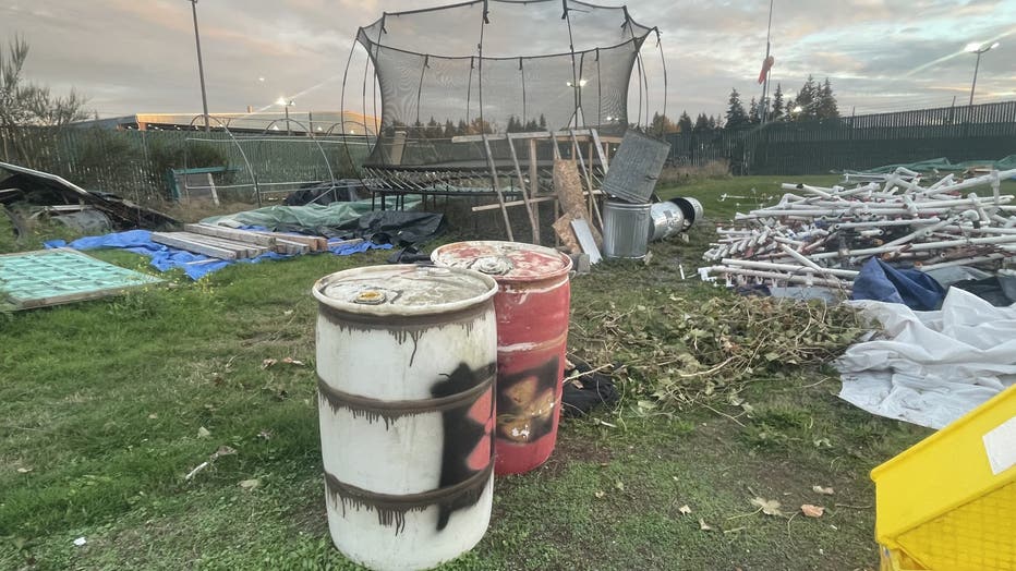 Props once used in the haunted house still sit in the yard.