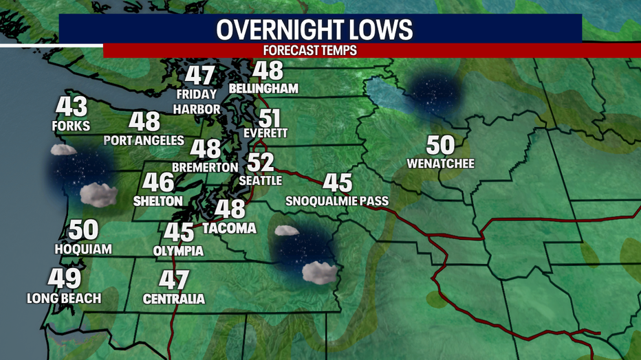 A map showing the overnight lows in Western Washington for Tuesday night.