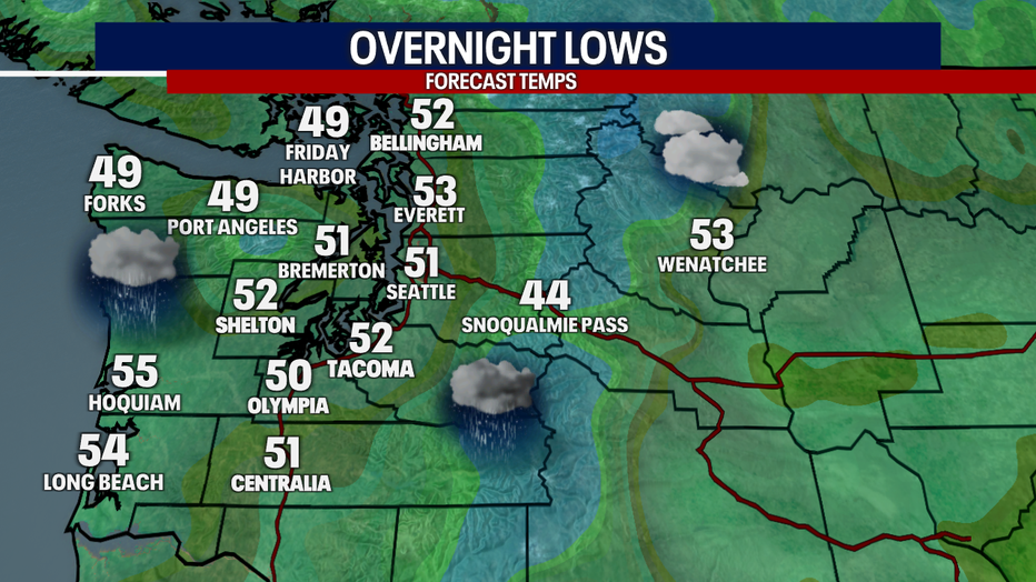 A map showing the overnight lows in Western Washington for Thursday night.