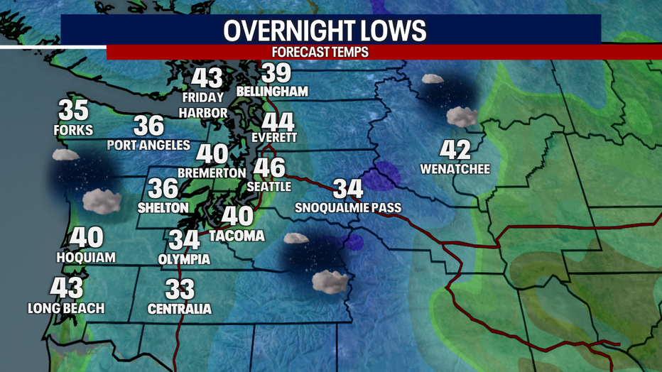 A map showing the overnight lows in Western Washington on Friday morning.