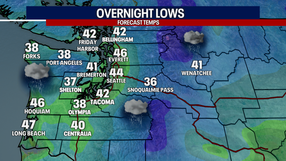 A map showing the overnight lows forecast in Western Washington Wednesday morning.