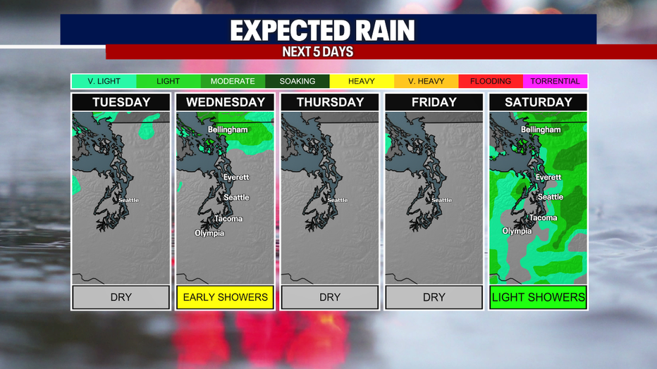 A five panel graphic showing the expected rainfall in the Puget Sound area.