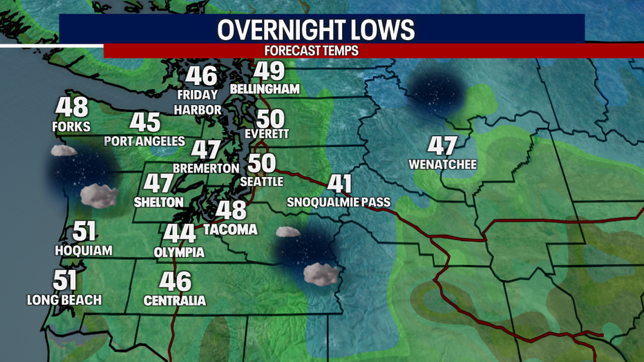 A map showing the overnight lows in Washington Thursday morning.