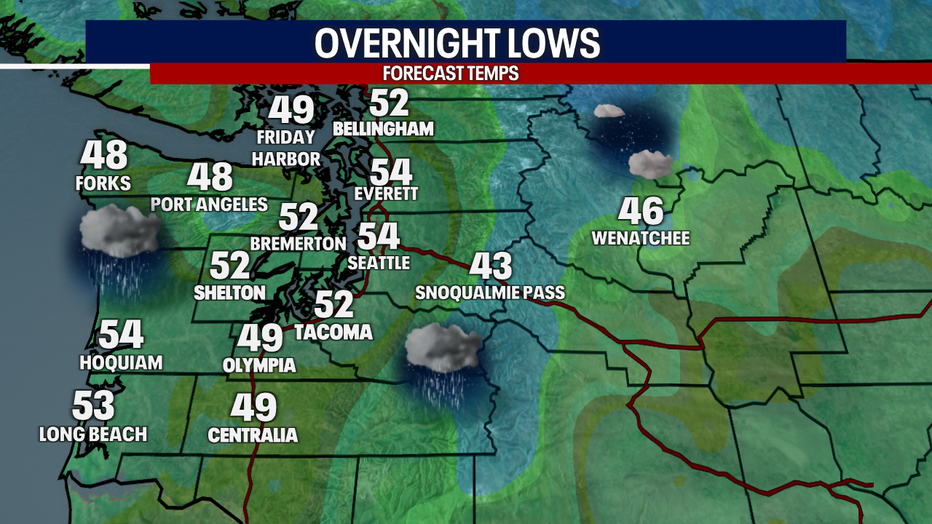 A map showing the overnight lows for Friday night in Western Washington.