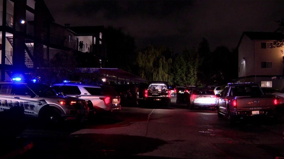 Police are searching for a suspect after a shooting left one man dead and another injured at an Everett apartment complex Monday night. The surviving victim was transported to a nearby hospital in an unknown condition. Authorities have not yet released a suspect description as the investigation continues.
