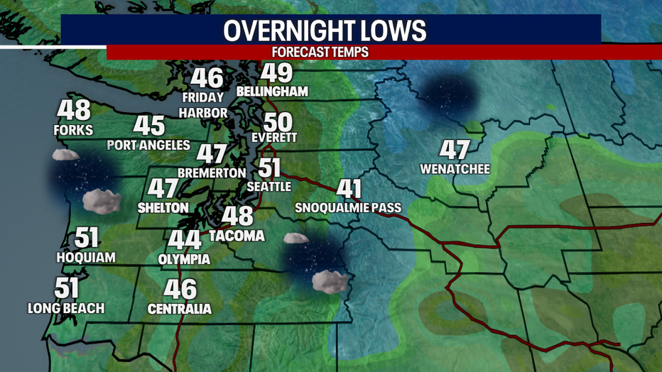 A map showing the overnight lows in Washington Friday morning.