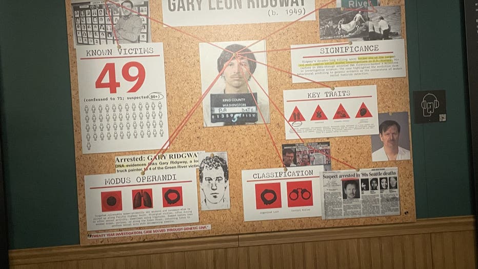 An evidence board shows how Gary Ridgway, known as The Green River Killer, was investigated in Washington.