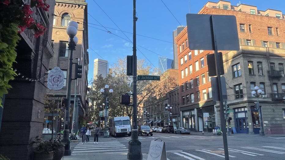 Seattle Police say the woman was picked up in this area of Pioneer Square off 1st Avenue S.