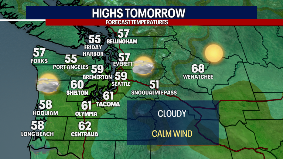 Monday and Tuesday will be sunny with highs in the upper 50s to mid 60s.