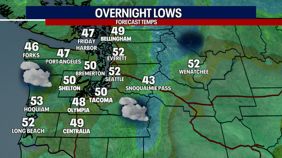 A map showing the overnight lows in Western Washington for Monday night.