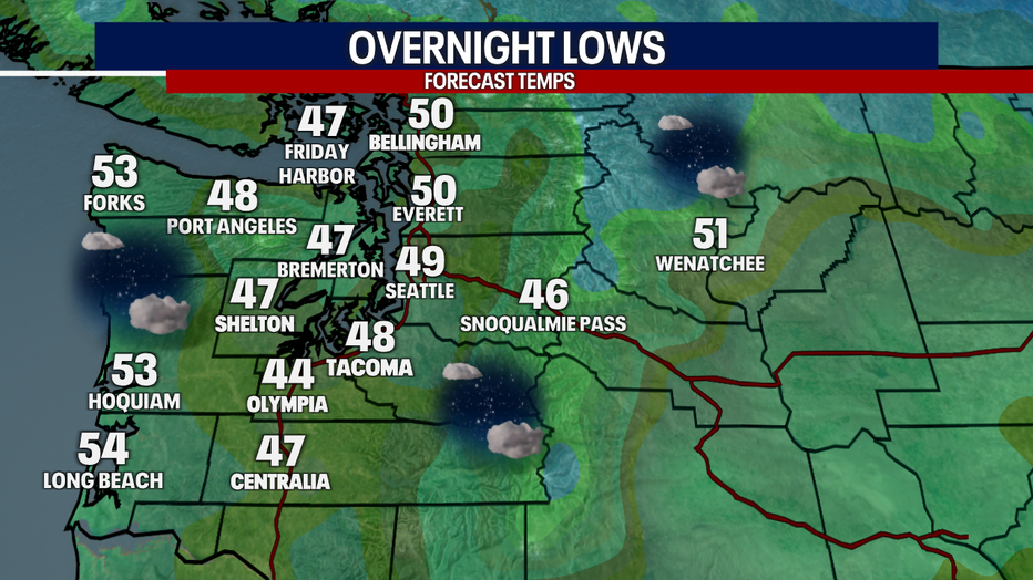 A map showing the overnight low temperatures forecast for Thursday night in Western Washington.