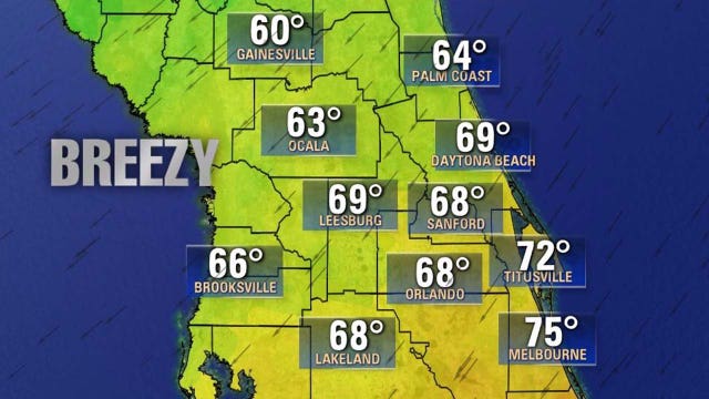 Highs to only reach the 60s for much of Central Florida as cold front moves through