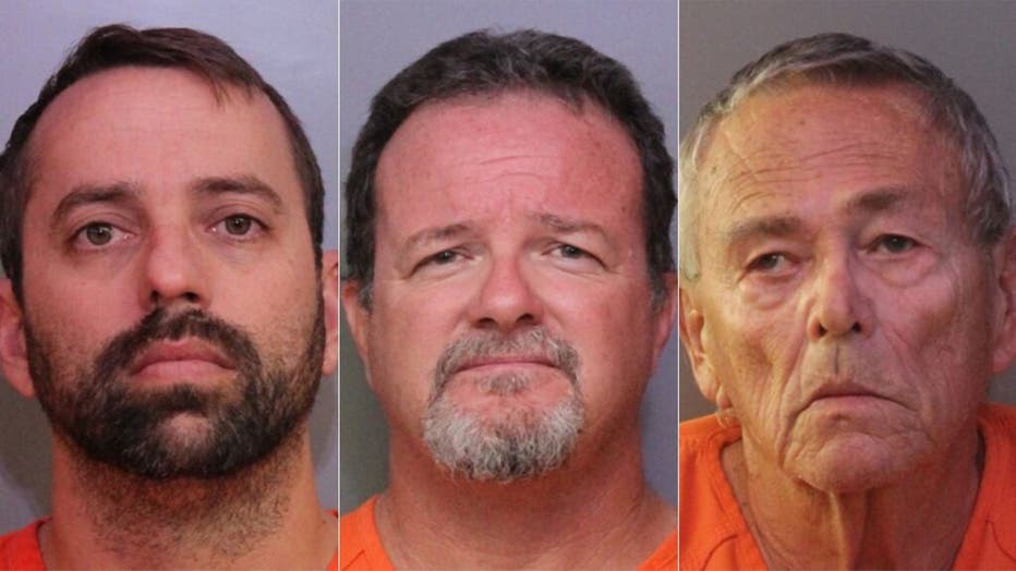 Mugshots for Brett Kinney, 40, Donald Durr Jr., 52, and William Hage, 76.  (Polk County Sheriff's Office )