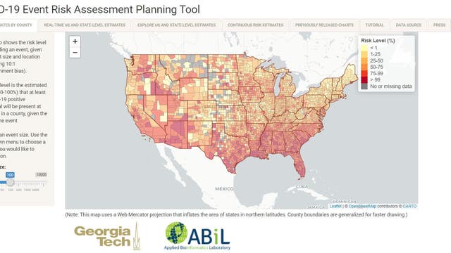 Map shows risk level of COVID-19 exposure by location, size of event