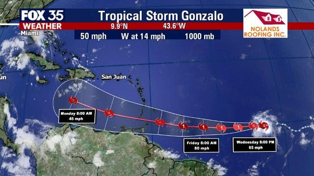 Tropical Storm Gonzalo gaining strength, expected to become hurricane by Thursday