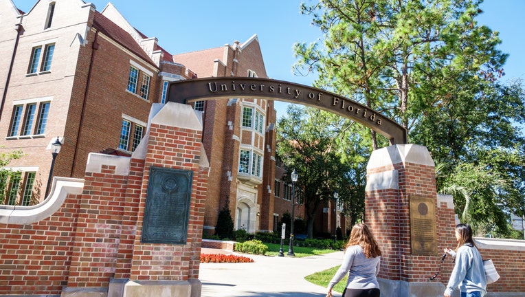 Gainesville, University of Florida, campus entrance with students