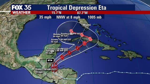 Eta to regain tropical storm strength, edge of Florida is in its path