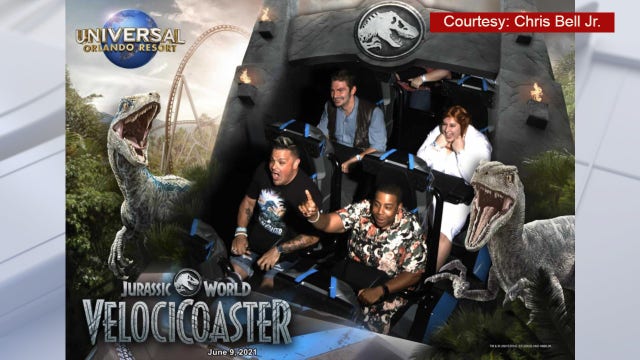 Actor-comedian Kenan Thompson spotted taking a spin on Jurassic World: VelociCoaster