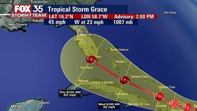 Grace producing tropical storm force winds; portions of Central Florida in path