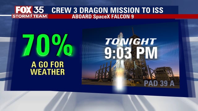 NASA SpaceX Crew-3 launch weather 70% favorable for liftoff