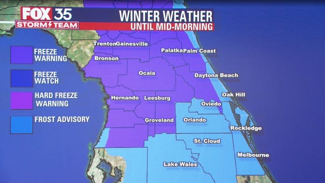 Coldest temperatures of the season move into Central Florida, prompt freeze watches, warnings