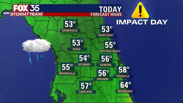 Front brings rain, highs in the 50s to Central Florida on Tuesday