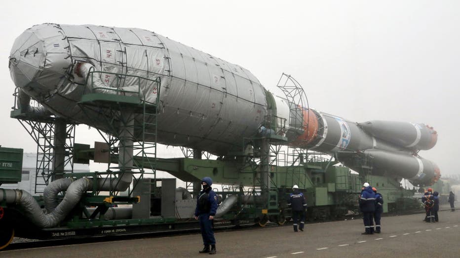 Soyuz-2.1b rocket carrying OneWeb satellites installed at Baikonur Cosmodrome launch pad