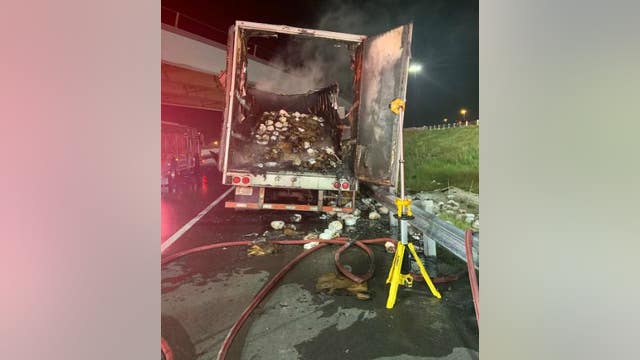 Tractor-trailer hauling 10,000 frozen turkeys catches fire on I-4 in Seminole County