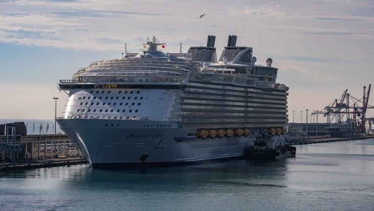 The large cruise ship MS Harmony of the Seas is seen at the